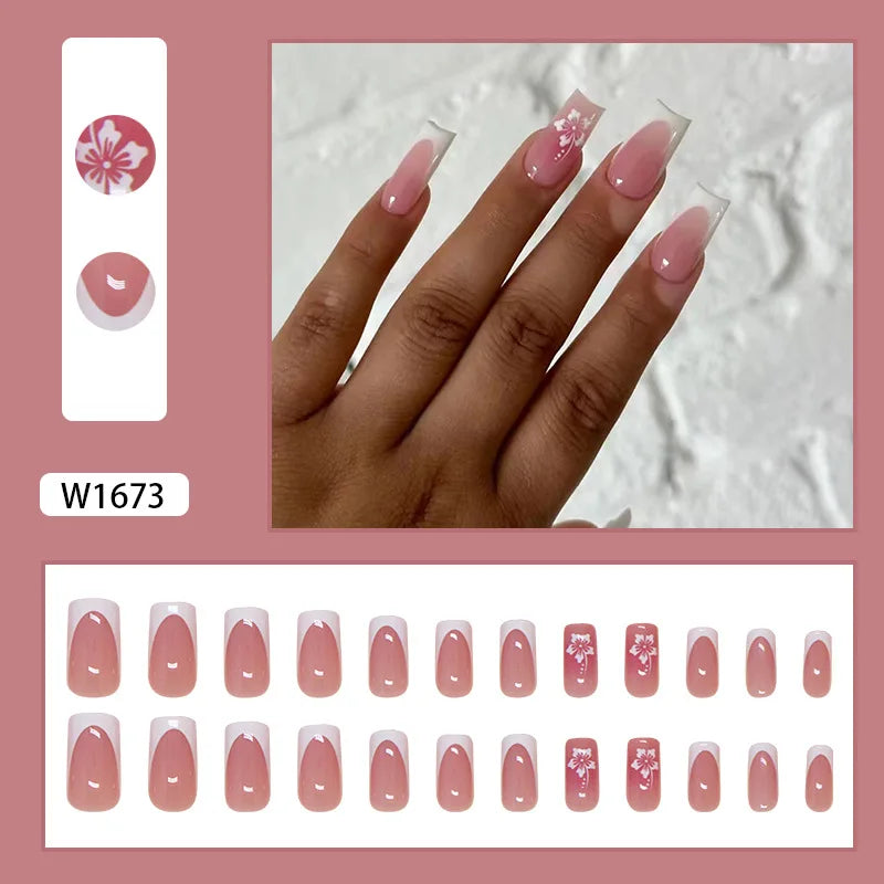 Yellow Flowers 24 Pcs Press on Nails Pink Gradient Fake Nails Glossy Artificial Finger Manicure Reusable False Nails for Women