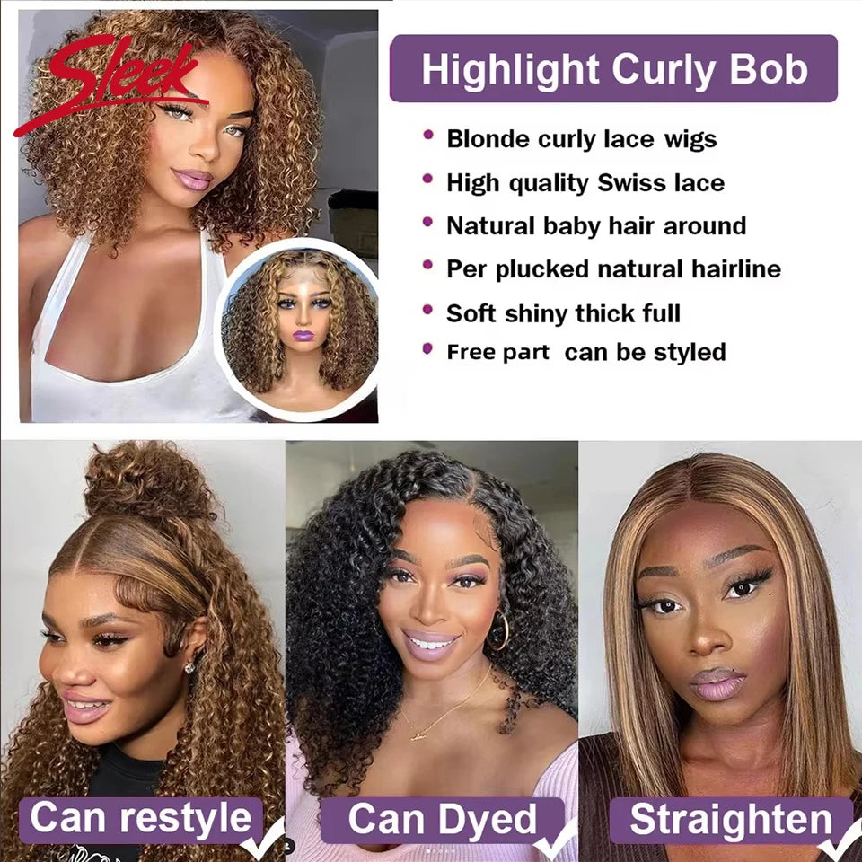 Sleek Brazilian P4/30/27 Jerry Curl Bob Wigs Nature Remy Black Dark Human Hair Bob Wigs Water Wave Lace Front Part Highlight Wig