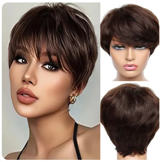 Pixie Cut Short Natural Straight Bob Wig 100% Human Hair Wig for Brazilian Women Chocolate Brown with Bangs Machine Made