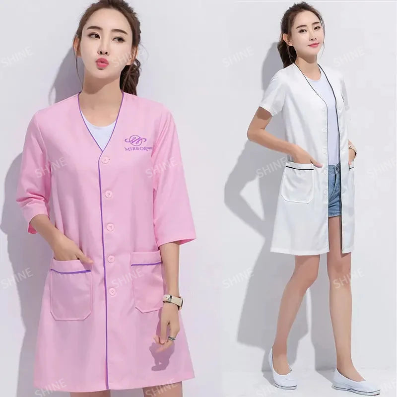 Custom Logo beauty uniform beautician Skin manager work clothes spa uniform white large size short-sleeve lab coat Salon Scrubs