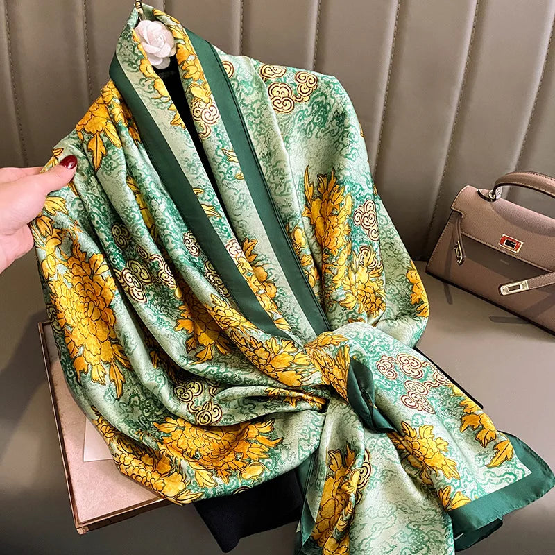 180*90cm Large Silk Satin Scarf Hijab Women Print Spring New Shawl Wrap Female Hand Foulard Pashmina Travel Echarpe 2022 NEW